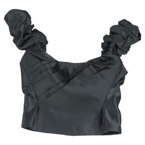 Loveshackfancy Pleated Scrunched Off-Shoulder Crop Top in Black Polyester